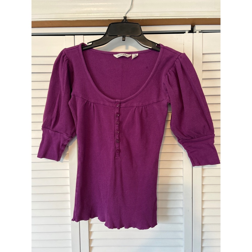 Vintage Derek Heart Purple Waffle Knit Henley Puff Sleeve Top Women M 100%cotton